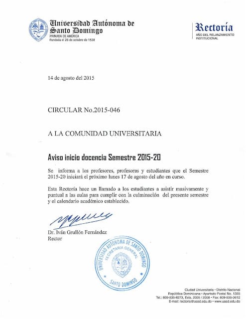 Inicio de Docencia UASD 2015 - CIRCULAR OFICIAL 8 Inicio de Docencia UASD 2015 - CIRCULAR OFICIAL