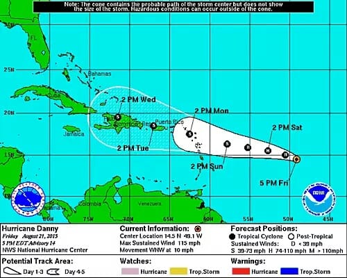 Trayectoria Huracán Danny (21/08/2015) 5:00 P.M.