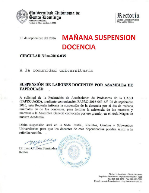 Suspensión de Docencia para el Miércoles 14 de Sept. por Asamblea de Maestros UASD.