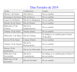 Días feriados para el año 2019