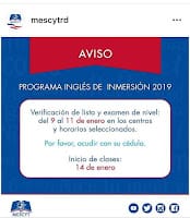 Verificación de Lista y Examen de nivel: Inglés por Inmersión 2019