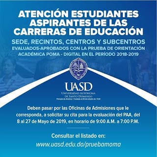 Estudiantes aspirantes de las carreras de Educación que aprobaron la prueba POMA - UASD 2018-2019