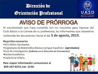 Prórroga para Cambio de Ciclo Básico a Carrera UASD