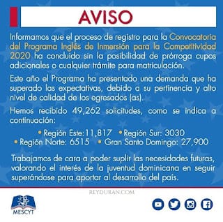 Mensaje del MESCyT sobre las inscripciones del Inglés de Inmersión 2020