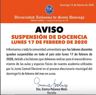 Suspensión de docencia UASD - Lunes 17 febrero