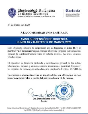 Aviso suspensión de docencia UASD 16 Y 17 DE MARZO