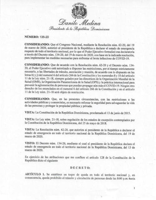 Toque de queda en todo el territorio nacional por 15 días - Covid-19 Rep. Dom.