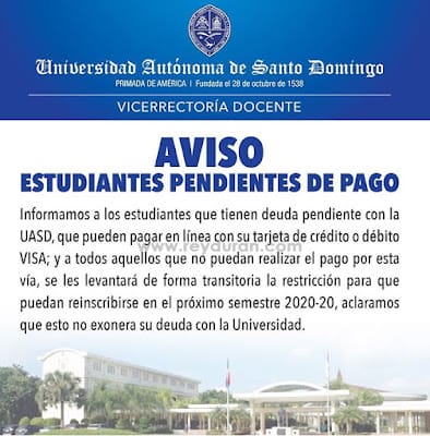 Aviso estudiantes pendientes de pago UASD