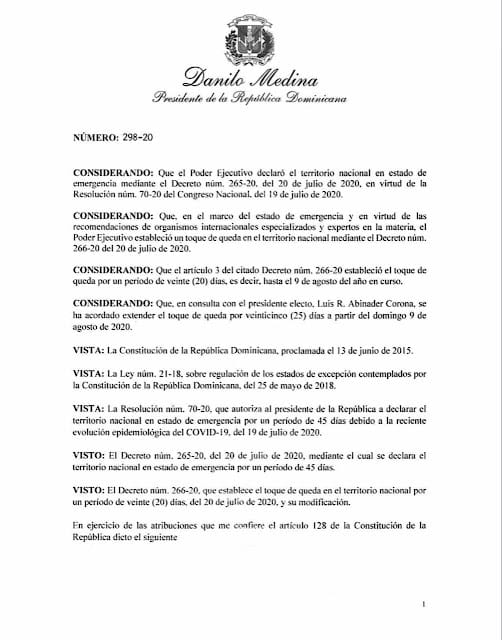 Presidente Danilo Medina extiende el toque de queda en todo el territorio nacional por 25 días