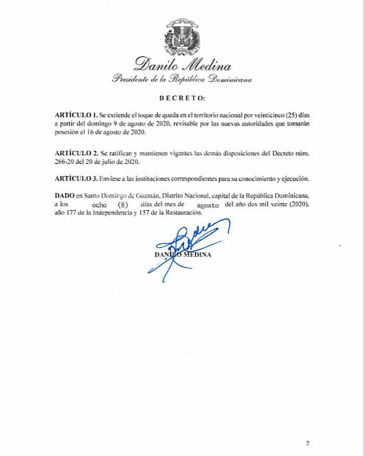 Presidente Danilo Medina extiende el toque de queda en todo el territorio nacional por 25 días