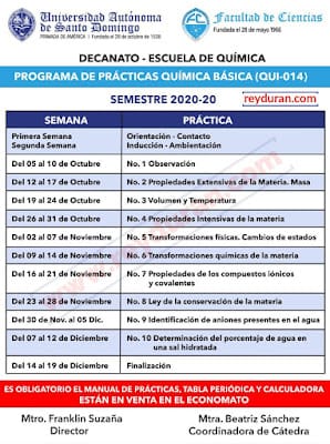 Programación de Laboratorio de Química Básica (QUI-014) UASD - Semestre 2020-2 3 Programación de Laboratorio de Química Básica (QUI-014) UASD - Semestre 2020-2