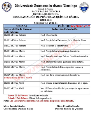Programación de practicas Química Básica (QUI-014) UASD