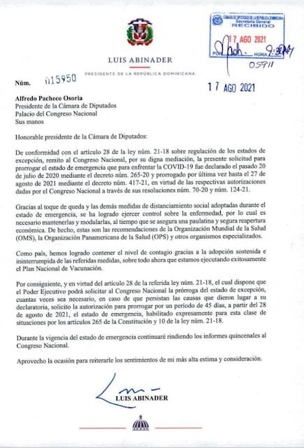 Abinader solicita extensión del estado de emergencia por otros 45 días