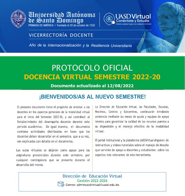 PROTOCOLO OFICIAL DOCENCIA VIRTUAL UASD SEMESTRE 2022-20 17 PROTOCOLO OFICIAL DOCENCIA VIRTUAL UASD SEMESTRE 2022-20