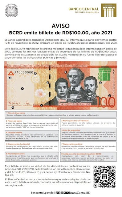 Banco Central emite billete de RD$100, del año 2021