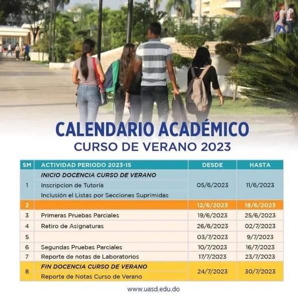 Calendario académico curso de verano UASD 2023 1