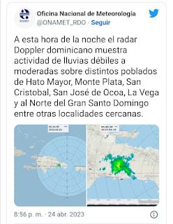 Meteorología prevé la ocurrencia de aguaceros dispersos sobre el país este martes