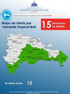 COE aumenta a 15 provincias en alerta verde por efectos de la tormenta Bret