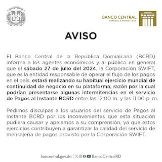 Banco Central advierte posibles interrupciones en servicio de Pagos al Instante este sábado