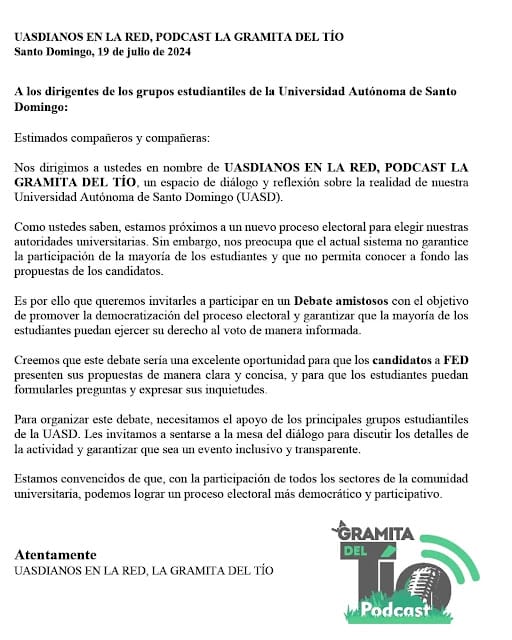 Uasdianos en la Red invita a debate amistoso con los representantes de los grupos estudiantiles UASD antes de las elecciones de la FED