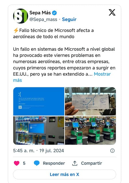 Fallo técnico de Microsoft afecta a aerolíneas de todo el mundo