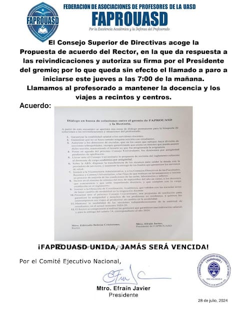 Queda sin efecto llamado a paro de FAPROUASD. ¡HAY CLASES!