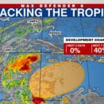 Imagen del sistema de baja presión en el Caribe, alertado por el Instituto Nacional de Meteorología (Indomet), con cielo nublado y lluvias intensas