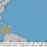 Imagen del mapa del Caribe y el golfo de México, mostrando la posible trayectoria de un ciclón zurdo.