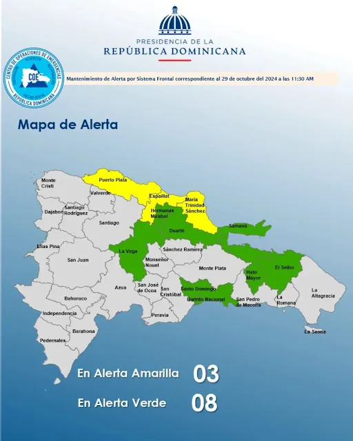 Mapa de alertas meteorológicas en la República Dominicana, mostrando las provincias en alerta amarilla y verde debido a lluvias