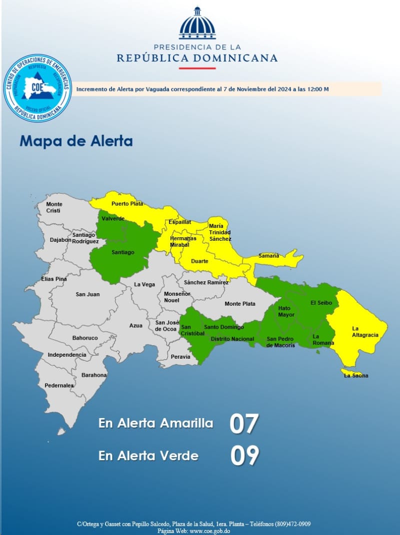 Provincias bajo alerta amarilla emitida por el COE.