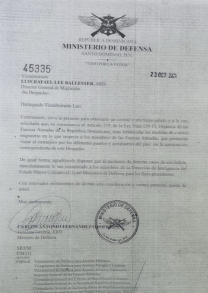 Mayor control migratorio para evitar deserción en las Fuerzas Armadas 6 La carta integra mediante la que Fernández Onofre se dirige a Lee Ballester, en fecha 22 de octubre del 2024. Listín Diario tuvo acceso a la comunicación.Fuente Externa