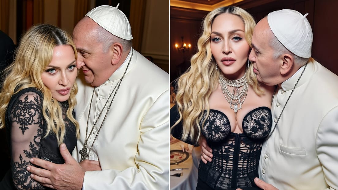 Polémica por imágenes de Madonna y el Papa Francisco generadas por IA 5 Madonna genera controversia con fotos de IA junto al papa Francisco. Opiniones divididas entre seguidores.