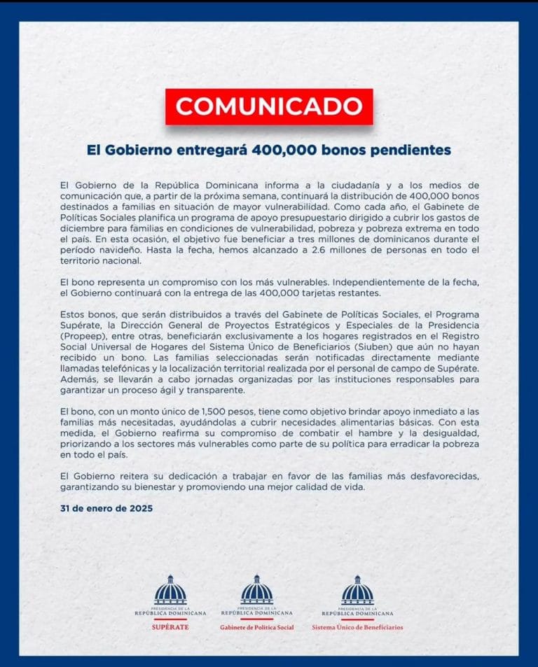 Gobierno retoma entrega de 400 mil bonos a familias vulnerables pendientes desde diciembre 6