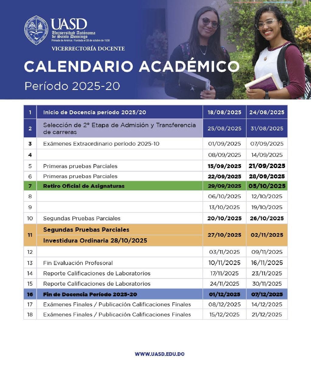 Calendario Académico Oficial UASD Período 2025-20 5 Consulta el Calendario Académico Oficial UASD 2025-2 con fechas clave de matrículas, exámenes, inicio y fin de semestres. Todo lo que necesitas para organizar tu año universitario en la Universidad Autónoma de Santo Domingo.