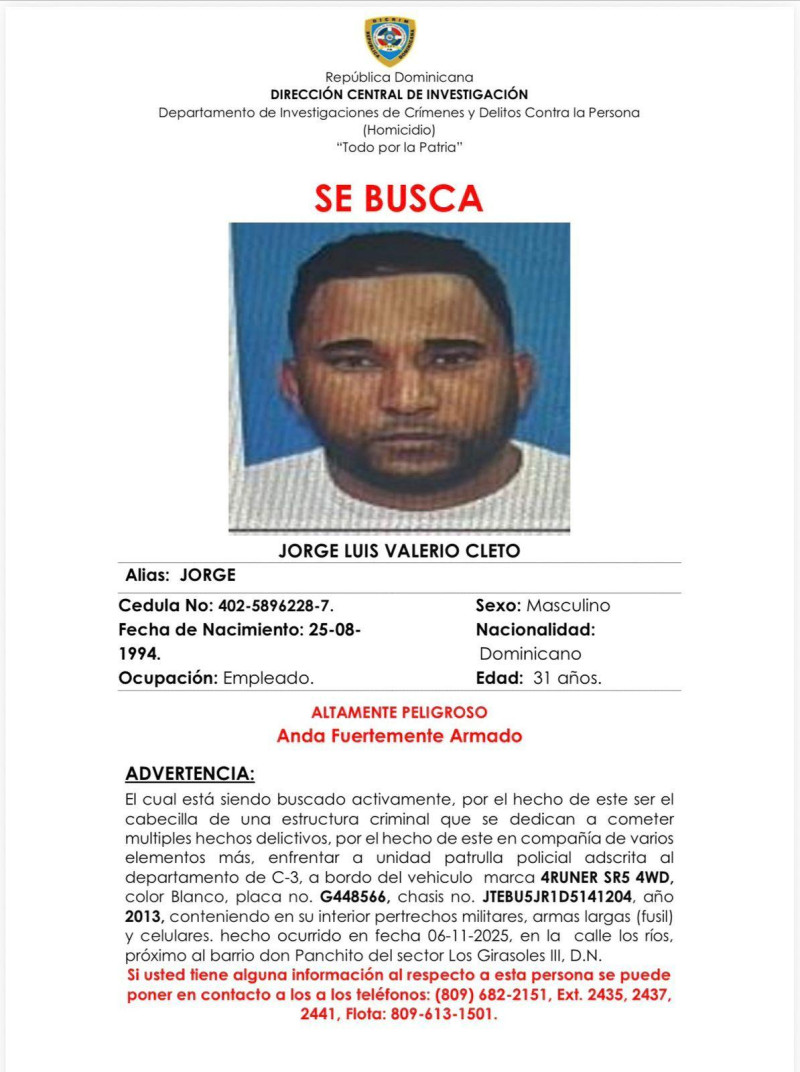 Policía vincula a Jorge Luis Valerio Cleto con ataque en Los Girasoles 1