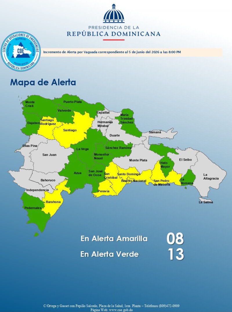 Noticias: 28 COE mantiene 21 provincias bajo alerta por lluvias y polvo del Sahara