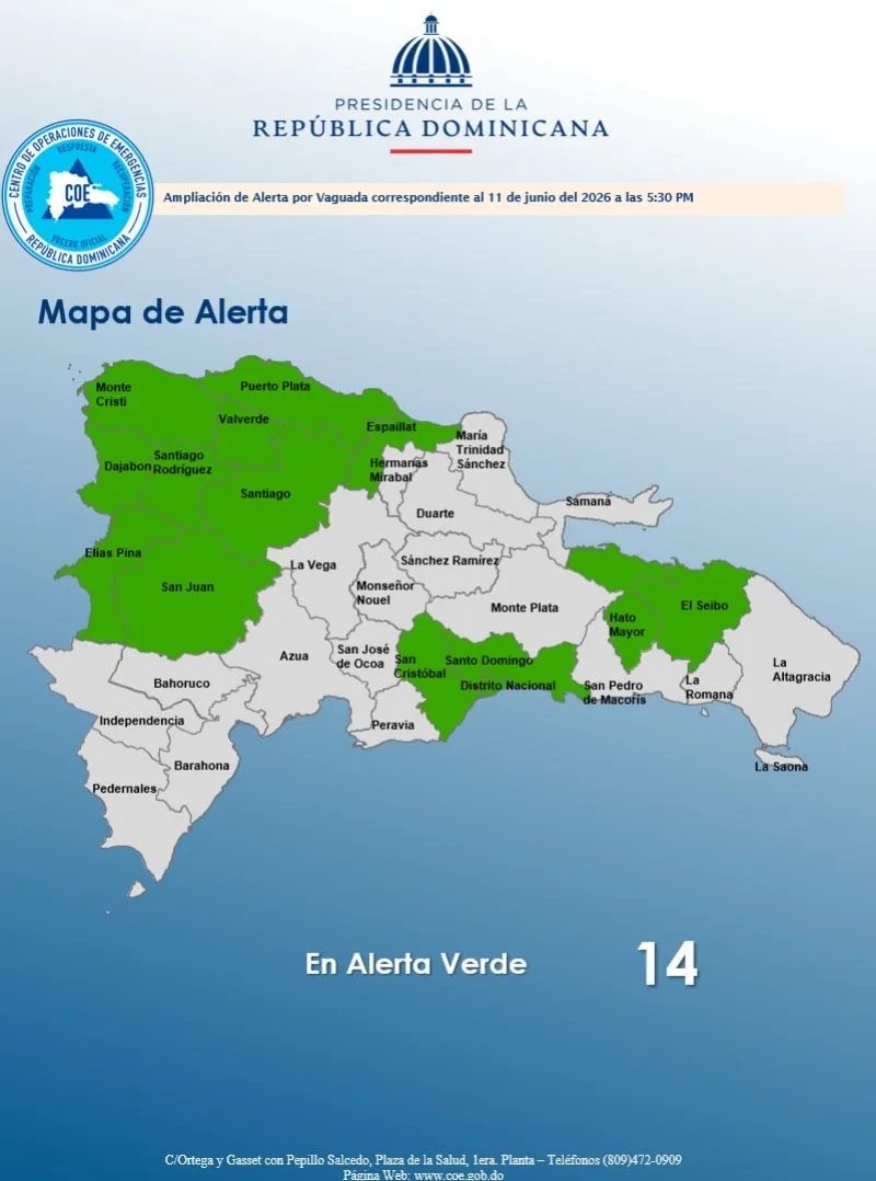 Noticias: 28 COE coloca en alerta verde a 13 provincias y al Distrito Nacional