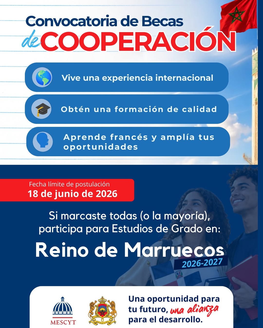 Noticias: 6 Becas para estudiar en Marruecos 2026-2027: MESCyT abre convocatoria para jóvenes dominicanos